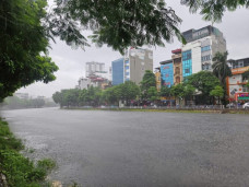 Nước sông Tô Lịch dâng cao, dòng chảy xanh mướt lạ mắt